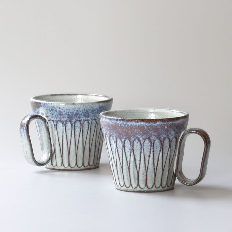 Wired Beans ワイヤードビーンズ 生涯を添い遂げるマグ 丹波焼 しのぎ ペアセット ブルー・パープル ギフトボックス入り 生涯補償付き マグカップ コーヒーカップ ペアマグ 陶器 日本製 職人 手づくり 兵庫 大熊窯 image number 2