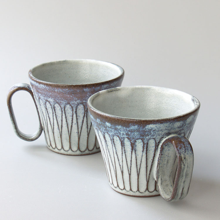 Wired Beans ワイヤードビーンズ 生涯を添い遂げるマグ 丹波焼 しのぎ ペアセット ブルー・パープル ギフトボックス入り 生涯補償付き マグカップ コーヒーカップ ペアマグ 陶器 日本製 職人 手づくり 兵庫 大熊窯 image number 3